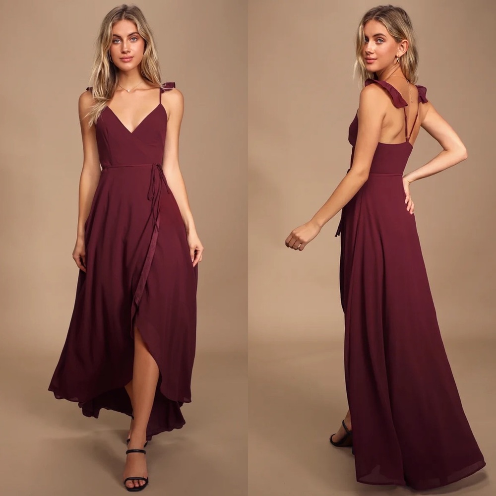 Lulu's Burgundy High-Low Ruffle Strap Maxi Dress